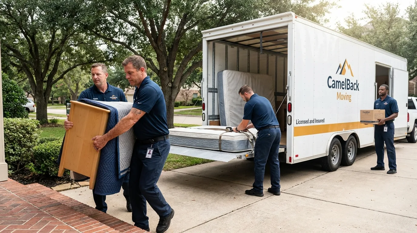 Crew loading residential truck for cross-state move from Woodway, TX