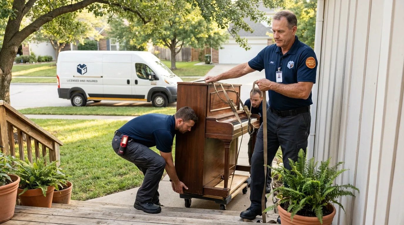 Licensed piano movers securing grand piano in Woodway, TX