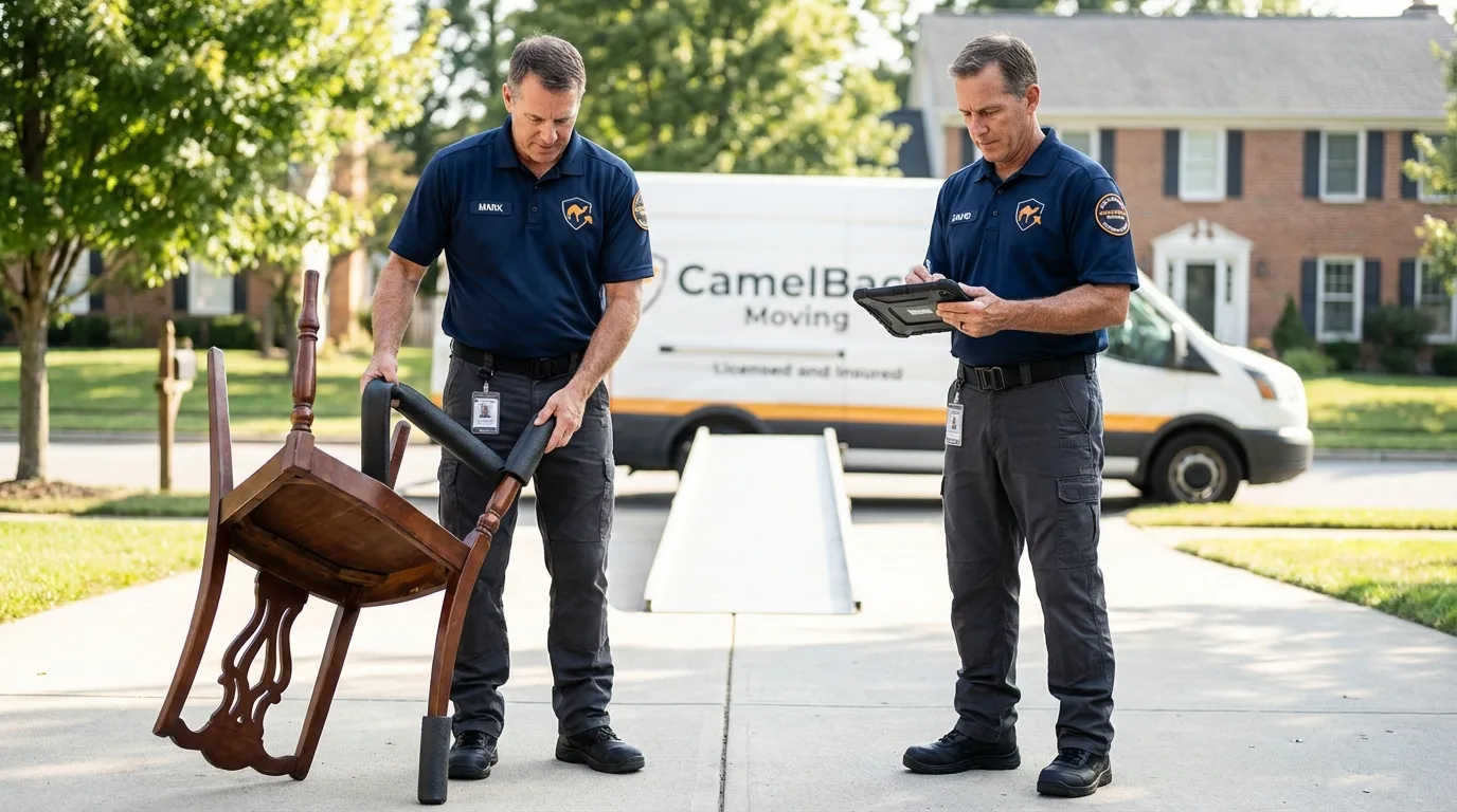 Movers inspecting furniture for damage prevention before loading in Woodway, TX