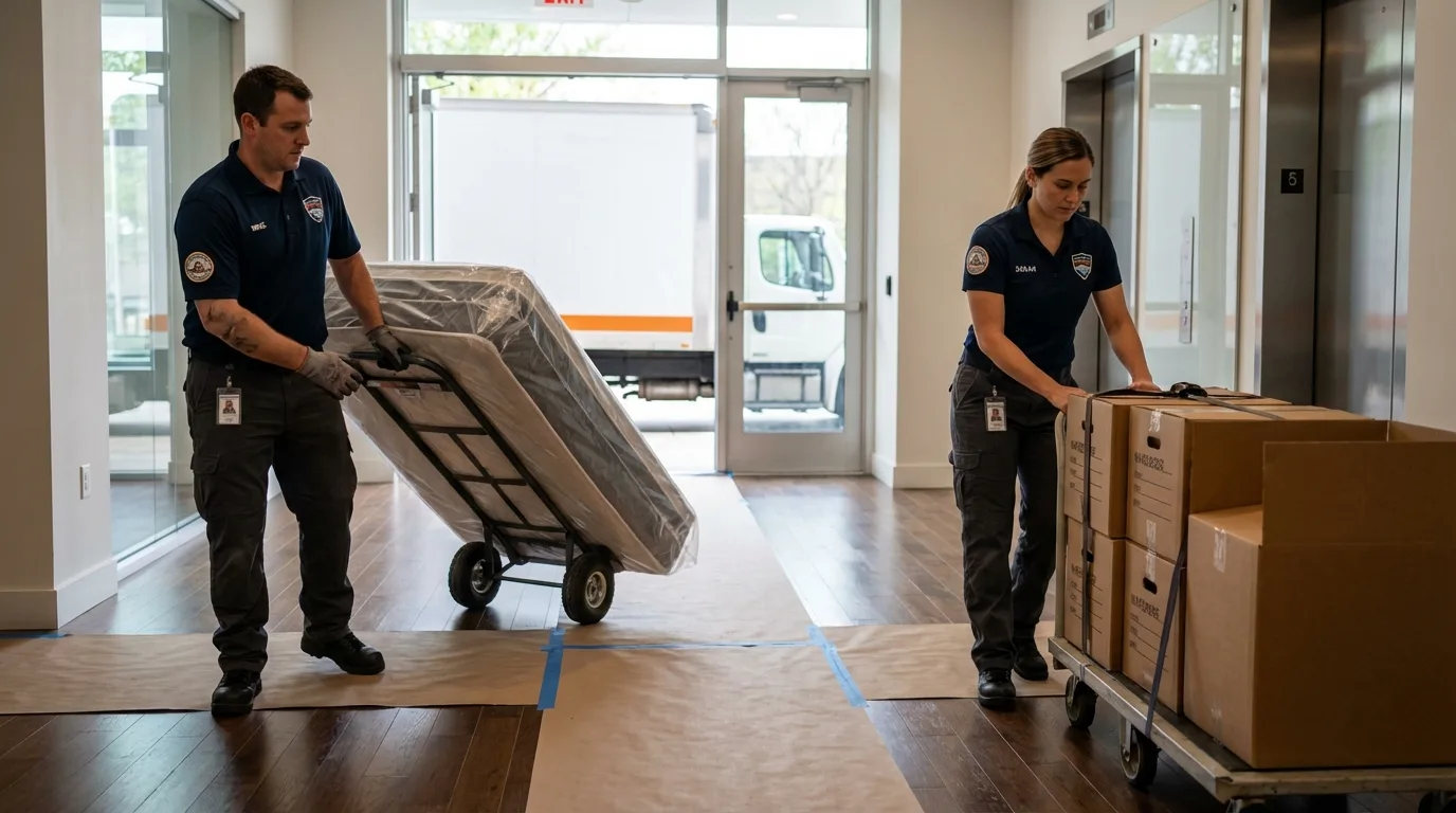 Professional apartment movers loading elevator in Woodway, TX